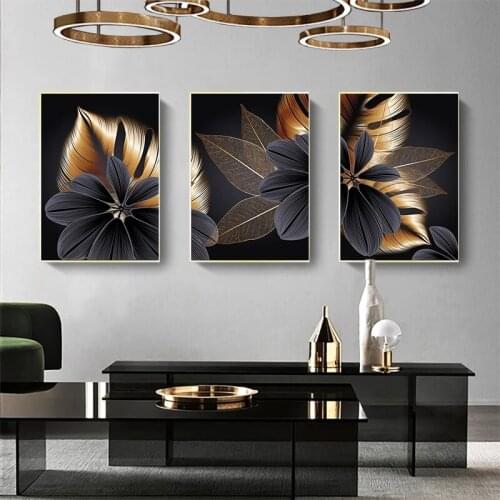 Black Golden Plant Flowers Leaf Canvas Poster Abstract Wall Art Painting Nordic Print Modern Living Room Decoration Picture