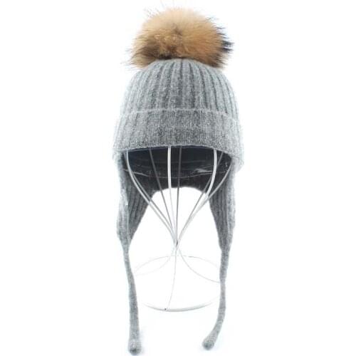 Parent Child Winter Hat For Kids Real Fur Pom pom Hat Children Washed Wool Soft Knitted Hat Ears Protection Beanie Caps
