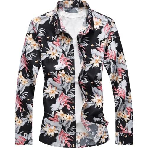 Men New Slim fit Long Sleeve Flower printed Dress black Shirts male Casual Hawaiian Beach Shirt Chemise Homme Plus Size 6xl 7XL