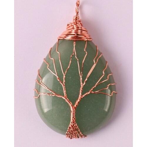 Tree of Life -Copper Wire Wrap Women Jewelry For Necklace Natural Green Aventurine Bead Teardrop Pendant 1Pcs K2024