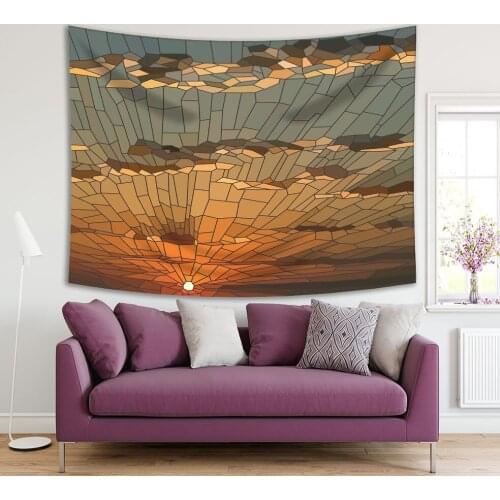 Tapestry Clouds with Sunset Scenery in Stained Glass Window Romantic Creative Orange Dark Blue Artwork Print