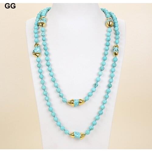 GuaiGuai Jewelry 52'' Blue Turquoises Yellow Gold Color Plated Freeform Turquoise Long Necklace