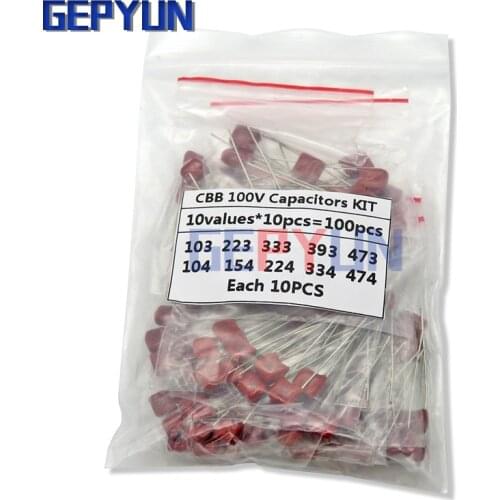 KIT 100PC=10value*10PCS Metallized Polyester Film Capacitors CBB Assortment Kit 100V 10nF ~ 470nF