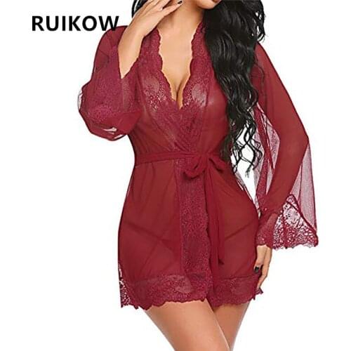 2 Piece Summer Women Lingerie Robes Lace See-though Ladies Bathrobe Sleepwear Sets with Sexy Biknis Suit Beauty Nightwear S-XXL