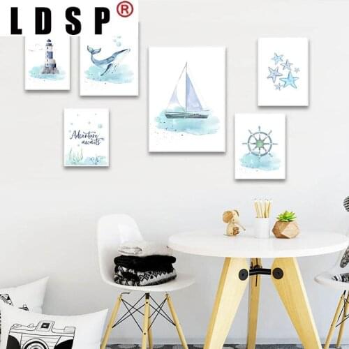 LDSP Nordic Nautical Sea Whale Ship Lighthouse Canvas Painting Wall Art Print Poster Picture Modern Living Room Home Decor