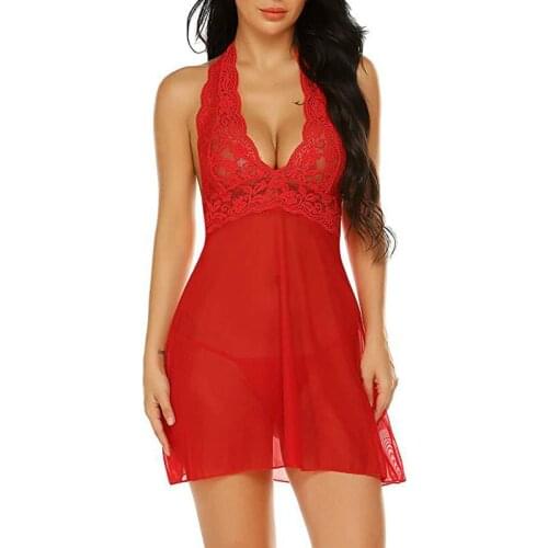 Top Fashion Womens Lace Transparent Halter Nightdress European And American Sexy Underwear Manufacturers