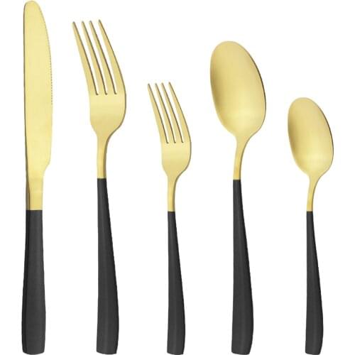 5Pcs Black Gold Matte Dinnerware Set Stainless Steel Cutlery Home Dessert Fork Spoon Knife Dinner Set Silverware Flatware Set