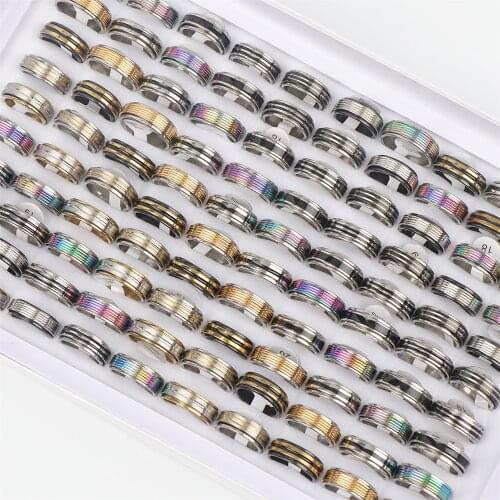 Wholesale 30pcs/Lot Stainless Steel Stripe Spinner Rotate Jewelry Rings For Men Women Mix Style