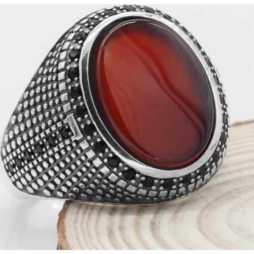 Oval Red Agate Ring for Men Women 925 Sterling Silver Natural Flat Stone & Black CZ Rings Punk Turkish Jewelry Gift to Male