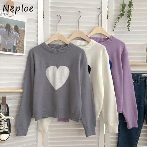 Neploe Casual Love Heart Jacquard Knitted Pullover Tops Woman O-neck Long-sleeve Sweater Women Autumn Retro Loose Outer Sweaters