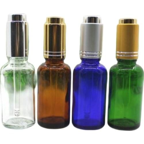 30ml 50pcs transparent/blue/green/brown glass bottle with silver pump dropper essential oil serum liquid skin care cosmetic pack
