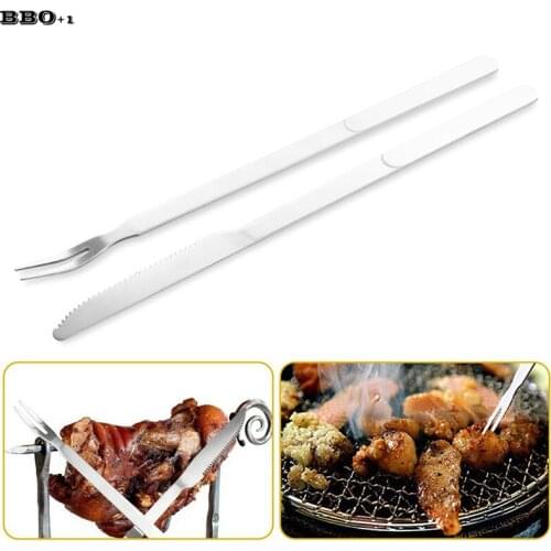 Stainless Steel Skewers Flat Meat BBQ Skewers Forks And Knives Outdoor BBQ Barbecue Grill Accessories Roasting Fork Espeto Inox