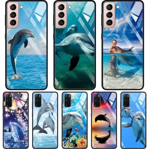 Blue sea animal cute dolphin Glass Case For Samsung Galaxy S21 S20 Ultra S10 Plus Lite S20FE 5G S10e S9 S8 Bumper Cover Funda