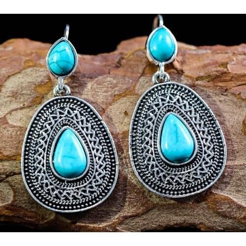 Vintage Bohemia Blue Turquoises Drop Earrings for Women Waterdrop Ancient Silver Color Dangle Earring Party Jewelry Charm Gift