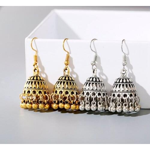 Vintage Boho Bells Carved Tassel Indian Jhumka Earrings For Women Tibetan Jewelry Retro Wedding Earrings