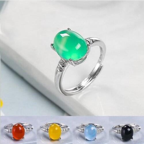 High Quality Natural Agates Stone Silver Color Metal Crystal Rings Vogue Jewelry 1Pcs Resizable wk235
