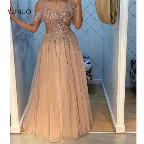 YUNUO Off the Shoulder Prom Dresses Long A Line Party Gowns Crystals Tulle vestidos de noite robe longue Evening Formal Wear