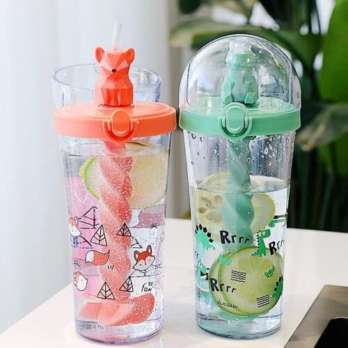 Funny Creative Cup Cute Animal Water Bottle Design With Straw Plastic Water Cups Cartoon Mixing Cup Girl Heart Cup