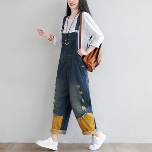 QPFJQD 2021 Autumn Spring Vintage Patchwork Holes Streetwear Denim Jumpsuits Loose Women Casual Full Length Jumpsuits