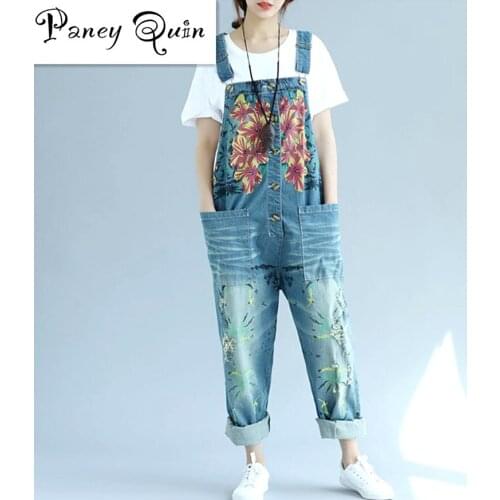 Plus size womens jeans jumpsuit side pocket loose-fitting body adjusted printing Denim jumpsuits romper overalls for women