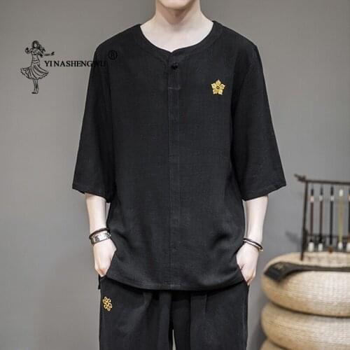 Japanese Tops Kimonos Short Sleeve T-shirt Loose Embroidered Harajuku Yukata Japan Summer Cotton Linen Men Shirts Asian Costume