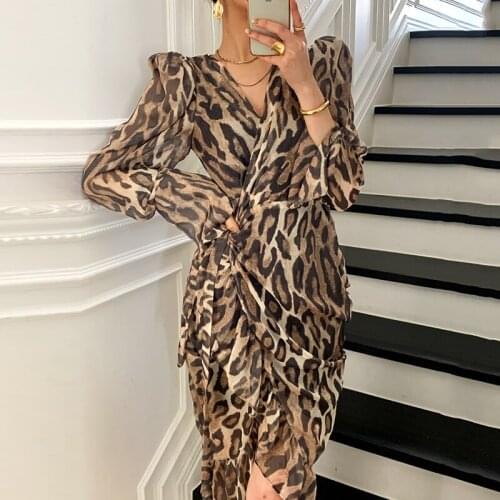 Sexy retro leopard print V-neck lace-up slim ruffle Dress Female stitching design one-piece retro Dress mid-length French Dress