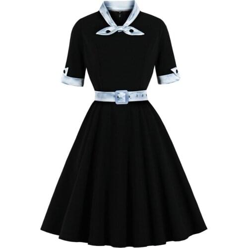 2021 Contrast Bow Neck Black Vintage Robe A Line Winter Dress 50s Women Elegant Clothing Half Sleeve Swing Dresses with Belt