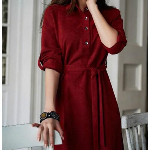 Women Autumn A-line Dress Vintage Long Sleeve Sashes Front Turn Down Collar Female New Fashion Solid Elegant Casual Party Dress