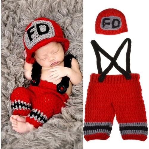 40JC Newborn Baby Girls Boys Crochet Knit Hat Firemen Photo Photography Prop Outfits