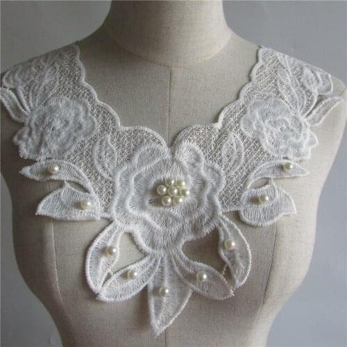 White Lace Beaded Flower Embroidery Patch Neckline Lace Applique Trim Collar for Wedding Evening Dress Sewing Diy Scrapbooking