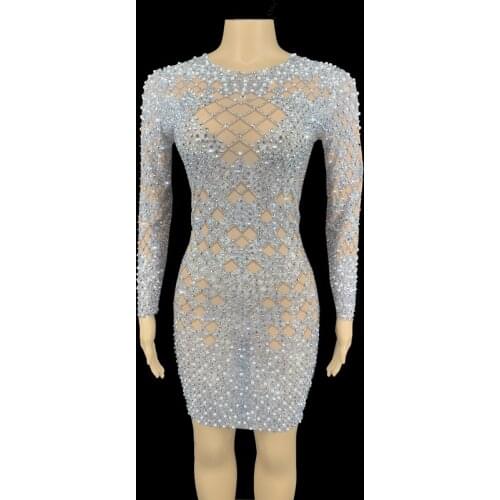 Sparkly Rhinestone Pearls Mesh Long Sleeve Short Dress Women Birthday Celebrate Prom Party Dress Singer Performance Stage Outfit