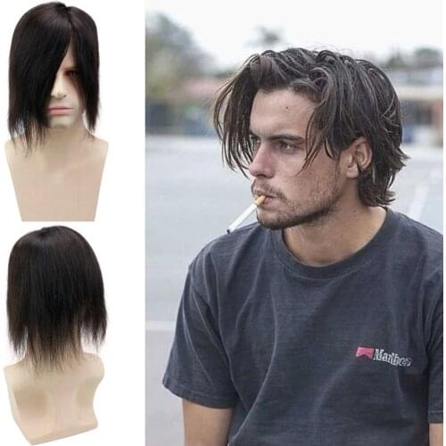 European Virgin Human Hair Toupee for Men Hairpiece Swiss Mono Lace with PU Around Medium Density Natural Black Color 6"x8"