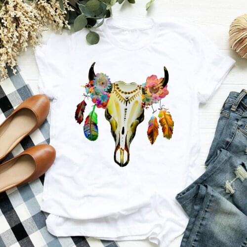 Women Lady Flower Feather Heifer Cow Fashion Print Skull Ladies T Tee Tshirt Womens Female Top Shirt Clothes Graphic T-shirt