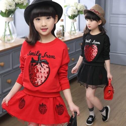 2020 Spring Fall Teenage Girls Skirt Set Childrens Clothing Kids Fashion Paillette Strawberry Clothes Tops + Skirt 2 Pcs x332