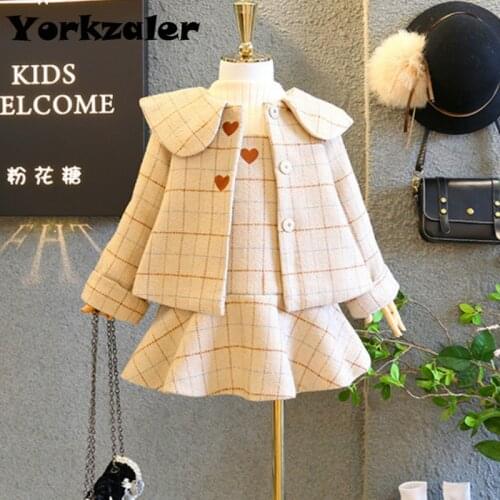 Fashion Girl Clothes Set Long Sleeve Beige Wool Plaid Jacket and Dress Winter Sweet Warm Jacket for Kids Baby Outerwear Clothes