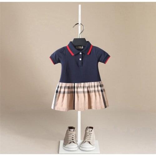 2020 New Baby Girl Dress Short Sleeve Summer Dress Cotton Baby Girl Clothes Splice Lattice Kids Dresses for Girls