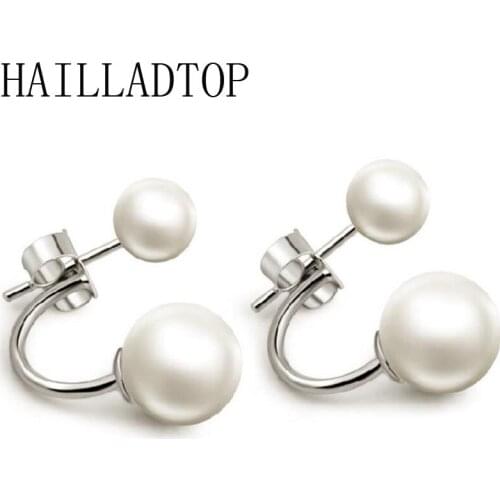 New Simulated Pearl Stud Earrings Jewelry Earrings for Women Silver Plated Jewelry Double Sided Wear Double Pearl Earrings