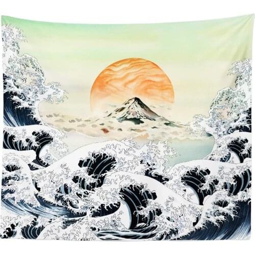 Original Design Hand Drawing Art Print Wall Hanging Ocean Wave Sunset Japanese Tapestries
