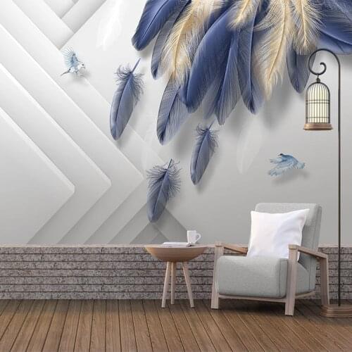 Custom 3D Photo Wallpaper Murals Modern Fashion Golden Blue Feather Geometric Living Room TV Backdrop Wall Mural Papel De Parede