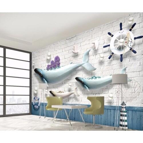 CJSIR Custom Photo Wallpaper Mural Sticker Ocean Whale Lighthouse Sailing Boat Brick Mediterranean Continental Backdrop Wall
