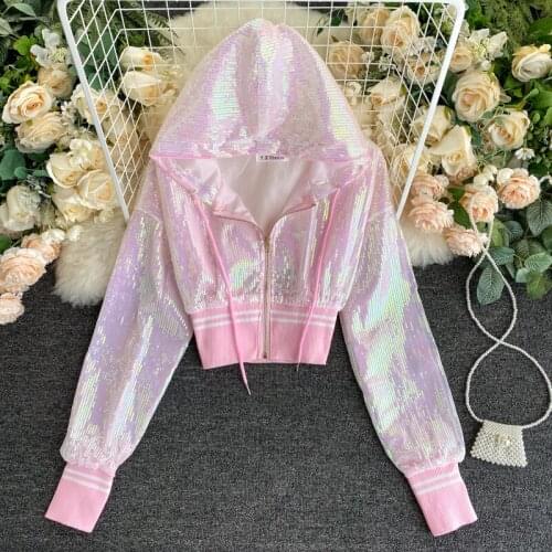 Sequined jacket 2020 new female Korean fashion hooded short cardigan jacket all-match top ins