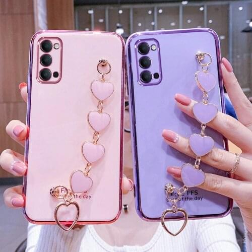 Luxury Love Heart Wrist Chain Phone Case For Samsung S21 S20 S10 S8 S9Plus Ultra S20FE Note 8 9 20 10 Lite Plating Bumper Cover