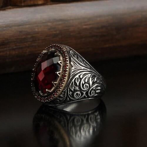 Pen İşçilikli Zircon Gemstone 925 Sterling Mens Silver Ring