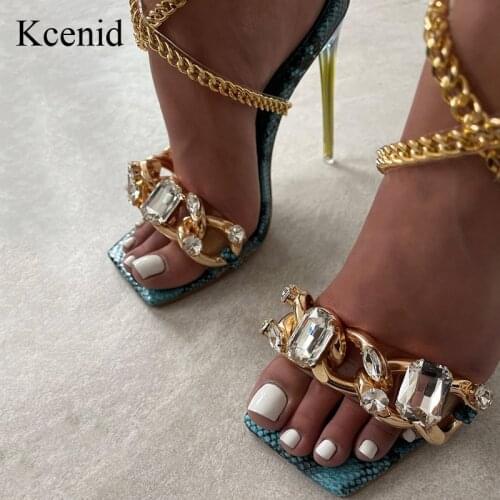 Kcenid Elegant Big Crystal Decoration High Heels Sandals Women Fashion Chain Ankle Strap Rome Sandals 2021 Summer Party Shoes