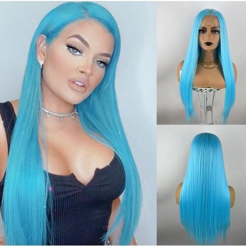Baicheng13*6 Pastel Blue Color Synthetic Wig Sky Blue Long Straight Wig Frontal T Part Wigs 22 inches