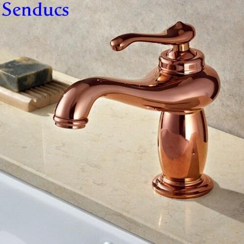 Senducs Rose Gold Basin Sink Faucet Quality Brass Bathroom Basin Sink Faucet European Style Rose Gold Bathroom Mixer Faucet