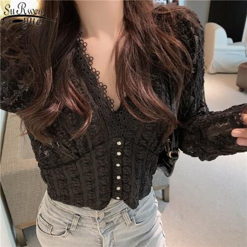 Vintage Elegant Women Blouses New French Style Short White Lace Shirt Women V-neck Long Sleeve Cardigan Blusas Mujer 11841