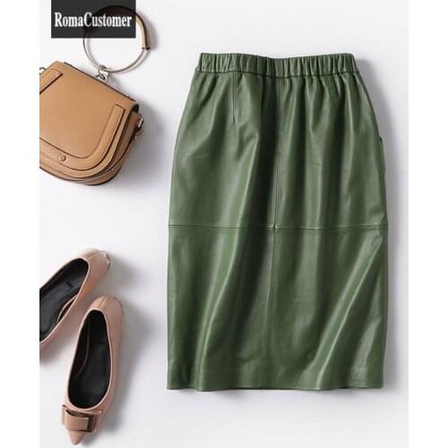 High Quality Womens New Genuine Leather Fashion Casual A-Line Skirts Elastic Waist Female High Waist Elegant Skirt 2021 New