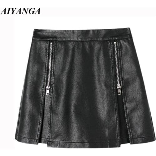 PU Leather Skirt Women 2021 Autumn Winter Mini Gothic High Waist Double Zipper Skirts Punk A-line Shorts Skirt Goth Saia Girls