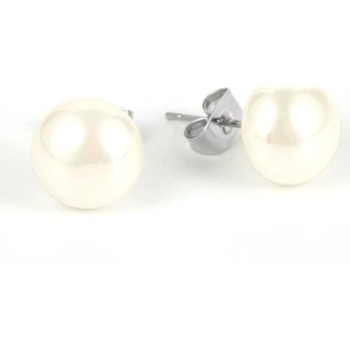 Women 10mm Shell Beads Earring Stud White Imitation Pearls Stainless Steel Pierced Push Earrings Simple Fashion Jewelry